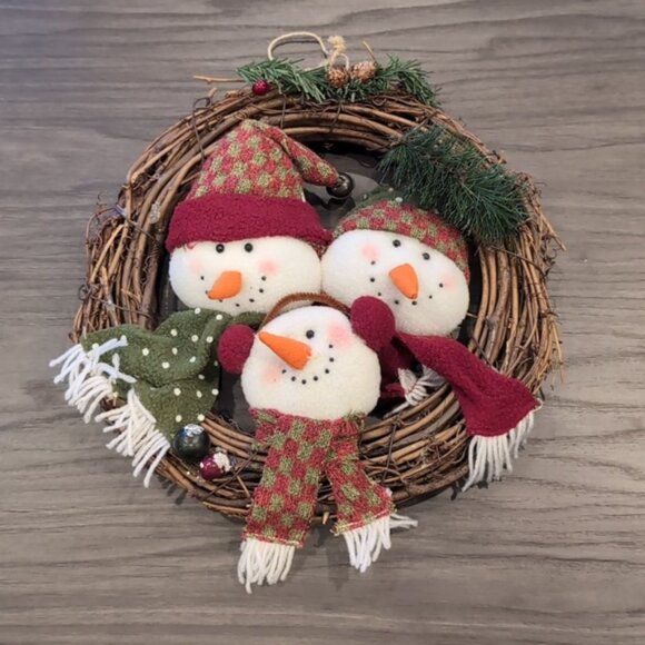 12" Christmas Grapevine Wreath Plush Snowman Family Holiday Decor Jingle Bell - Picture 1 of 8